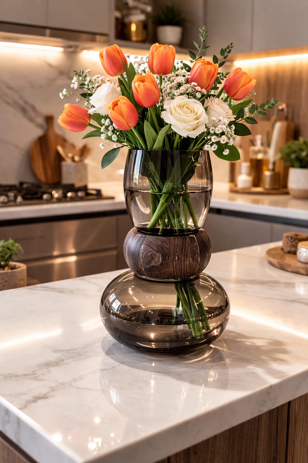 Nordic Modern creative dark glass vase With a Wooden Ring