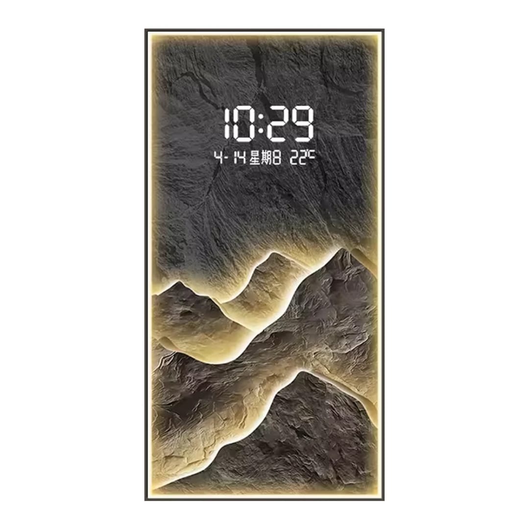 Bring modern elegance to your space with this LED Decorative Wall Clock featuring a stunning layered mountain landscape design and ambient warm backlighting.