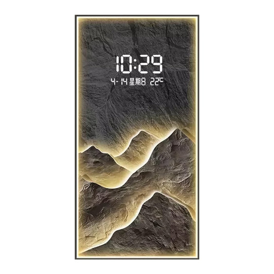 Bring modern elegance to your space with this LED Decorative Wall Clock featuring a stunning layered mountain landscape design and ambient warm backlighting.
