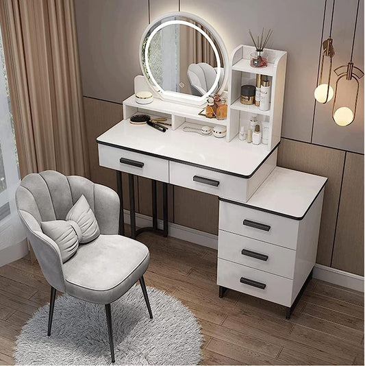 Dressing  vanity table features a led lighting mirror, multiple drawers for storage and a spacious surface for all your cosmetics and beauty tools
Minimal sized